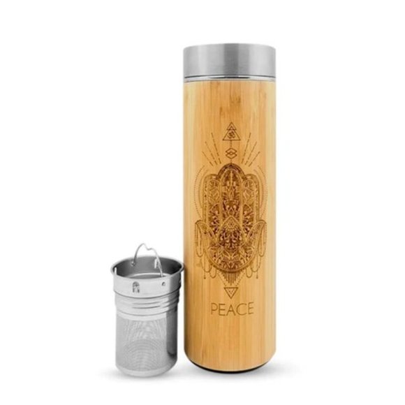NEW. NEVER USED. Bamboo water bottle, fruit and tea infuser with PEACE engraved. - Picture 1 of 1